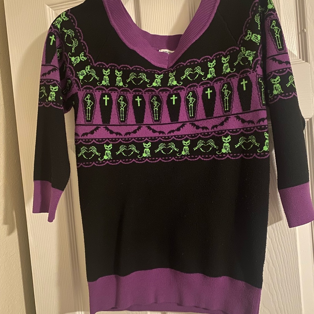 Black and Purple Sweater with Green Skeletons